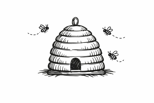 Colmena y abejas en vuelo
