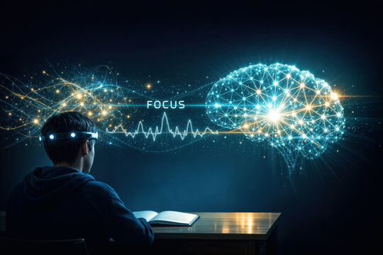 Teenage student wearing futuristic EEG headband at minimalist desk with holographic brain neural network visualization and FOCUS waveform signifying neurofeedback ADHD support and BCI learning