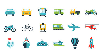 A vibrant collection of diverse transportation vehicles and modes of travel, including cars, buses, trains, airplanes, boats, and more, presented in a clean, flat icon style. © cemoro