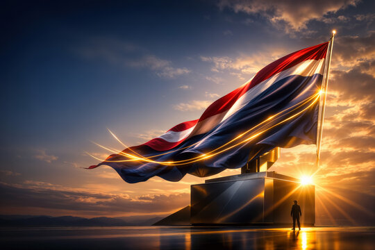 June 14 Flag Day cinematic editorial premium flag on pedestal with flowing fabric waves luminous light trails anonymous hero silhouette patriotic celebration unity heritage freedom emblem