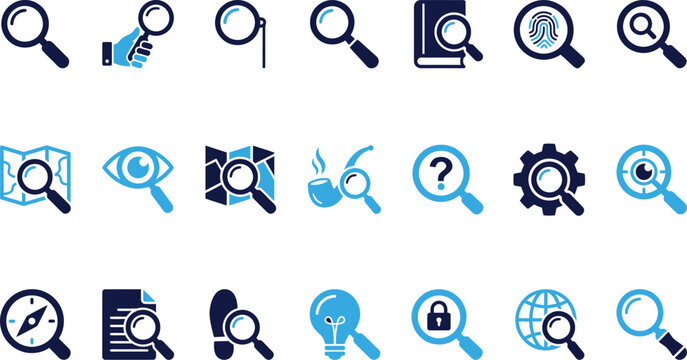 Magnifying glass and detective icons set in blue and dark blue on white background.