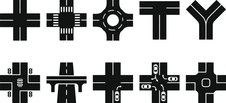 Road intersection icon set, black and white street map elements, urban traffic junction vector symbols, highway crossroad and roundabout collection