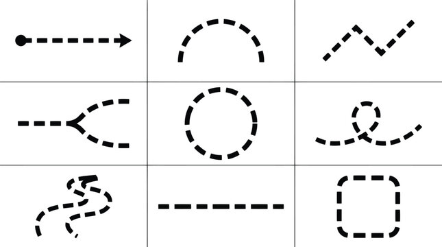 Minimalist dashed line icons set, black dotted path vector elements, geometric dashed stroke shapes for infographics and UI design