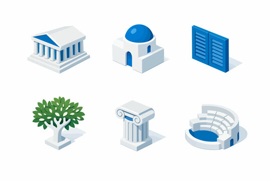Iconos de arquitectura griega isom&eacute;tricos