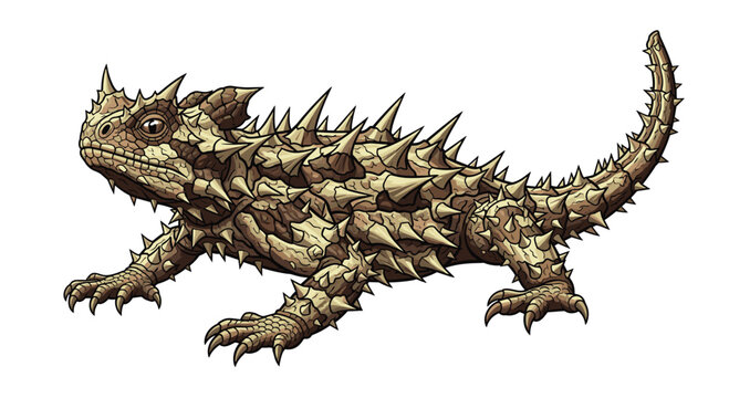 Highly detailed illustration of a thorny devil lizard, highlighting its spiny armor and desert camouflage, a unique Australian reptile on a plain white background.