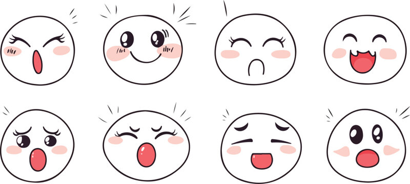 A set of funny cartoon faces of happy Easter eggs with expressive eyes and smiles in a colorful vector style