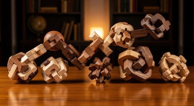 Collection of Handcrafted Wooden Interlocking Puzzles on a Polished Surface
