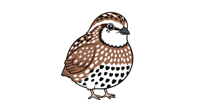 Charming cartoon-style vector illustration of a plump quail bird standing, featuring its distinctive spotted plumage and gentle expression on a white background.