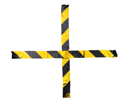 Black and Yellow Striped Hazard Tape Cross Isolated on White Background
