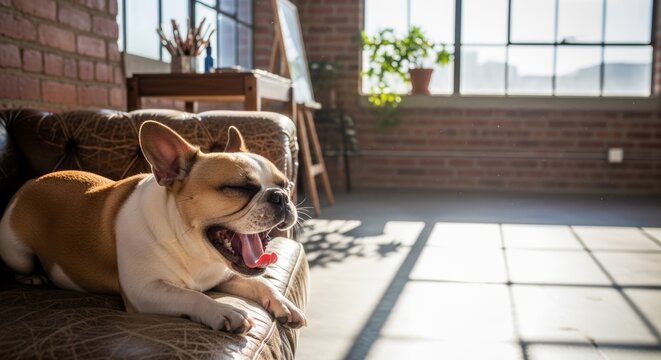 Adorable French Bulldog Yawning while Relaxing on a Leather Sofa in a Sunny Industrial Artist Loft