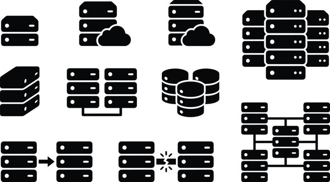 Sammlung von Server-, Datenbank- und Netzwerk-Icons in Schwarz-Wei&szlig;, die verschiedene IT-Infrastrukturen und Cloud-L&ouml;sungen darstellen.