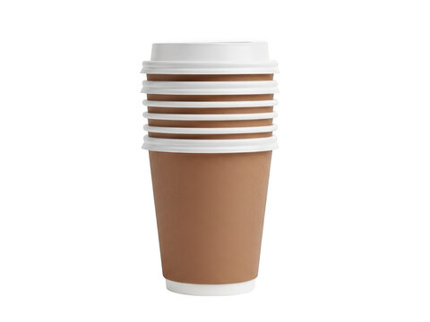 Stacked brown paper coffee cup with white lid and stripes isolated on transparent background