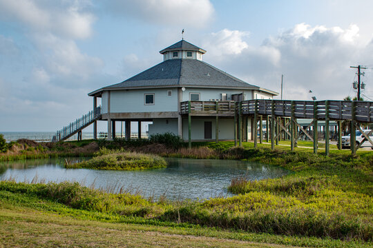 wooden building elevated over the Gulf of Mexico in Texas