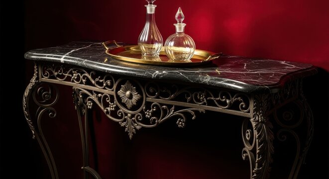 Ornate wrought iron console table with marble top and decorative glass carafes on golden tray