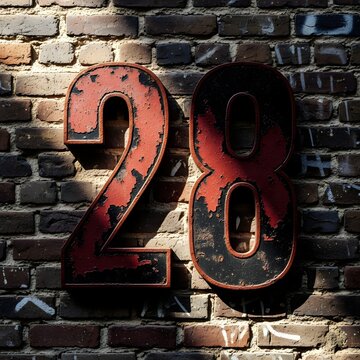 Rusty metal number twenty eight on a dark brick wall