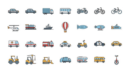 A comprehensive collection of various transportation vehicles and modes of travel depicted as colorful flat design icons on a white background. © cemoro