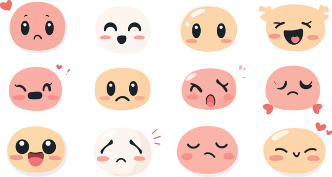 Set of funny cartoon emoji faces showing smiling and sad expressions for children and kids icons