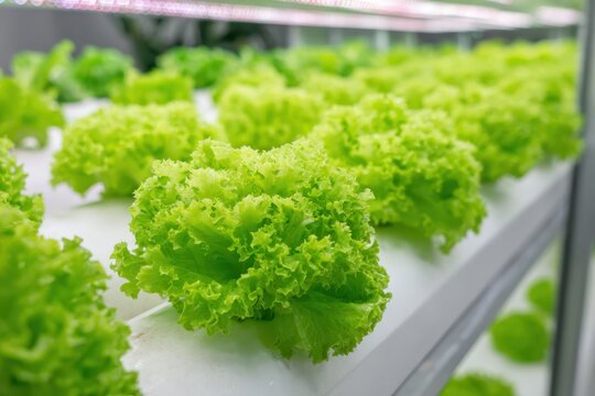 Leafy vegetables growing in modern vertical farm. Healthy produce grown on multiple levels. Hydroponics green lettuce plots. High technology farming. Fertigation system. Veggie planted in small space