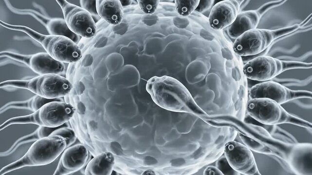 This shows a microscopic view of a human egg cell surrounded by sperm cells in a laboratory setting, highlighting the IVF process and pregnancy. The provides a detailed look at the cells and their