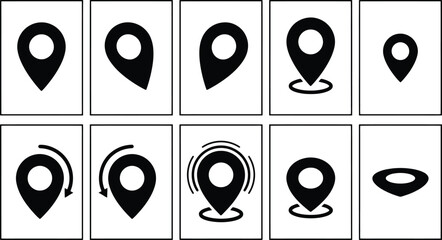 Eine Sammlung von zehn verschiedenen schwarzen Standort-Pin-Symbolen auf weißem Hintergrund, die statische, rotierende und pulsierende Kartenmarkierungen darstellen. © Insa Batool