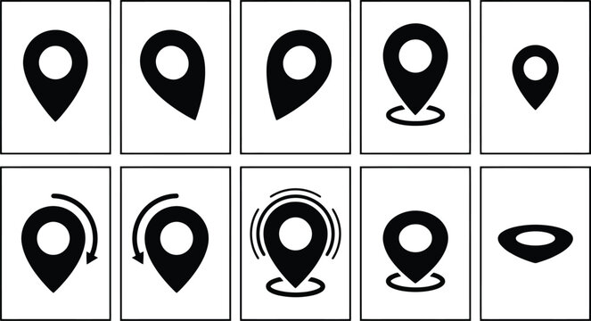 Eine Sammlung von zehn verschiedenen schwarzen Standort-Pin-Symbolen auf wei&szlig;em Hintergrund, die statische, rotierende und pulsierende Kartenmarkierungen darstellen.