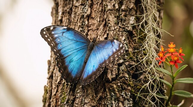 Macro shot of a Blue Morpho butterfly on textured tree bark
