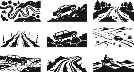 Off-road vehicle adventure icons set, 9 black and white 4x4 truck vector illustrations, mountain trail and muddy road driving scenes © Insa Batool