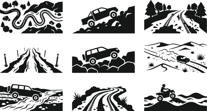 Off-road vehicle adventure icons set, 9 black and white 4x4 truck vector illustrations, mountain trail and muddy road driving scenes