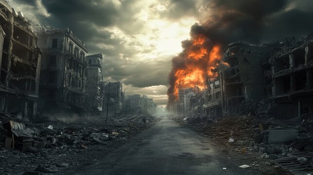 Devastated city street after war with smoke and fire ruins