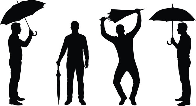 Vector illustration of four human silhouettes holding umbrellas in different poses showing open, closed, expressive, and protective stances