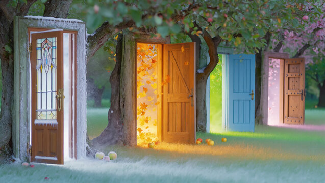 Four magical doors in a grassy orchard represent portals to different seasons, transitioning through winter, autumn, summer and blooming spring. Surreal time doorways as cycle of the year