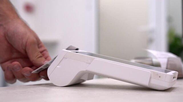 Close up of customer hand making a contactless credit card payment on a white POS terminal in a professional medical clinic or office