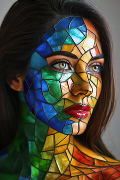 Stunning female portrait with her face adorned in vibrant stained-glass fragments. The colorful pieces create a kaleidoscope of light across her skin, blending mosaic textures with natural beauty