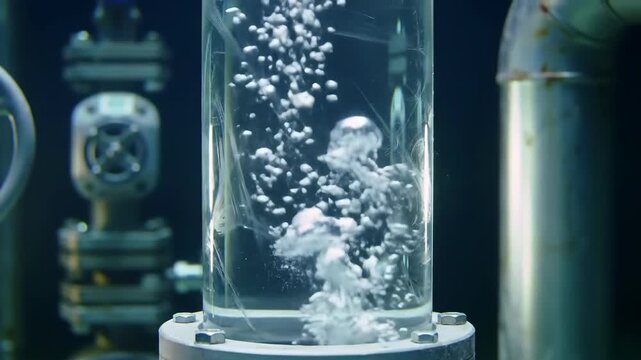 Detailed shot of water bubbles rising and effervescing within a clear glass cylinder, creating a cool, scientific tone in an industrial environment.