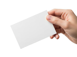 Obraz premium Hand holding blank white greeting card with red corner detail isolated on transparent background