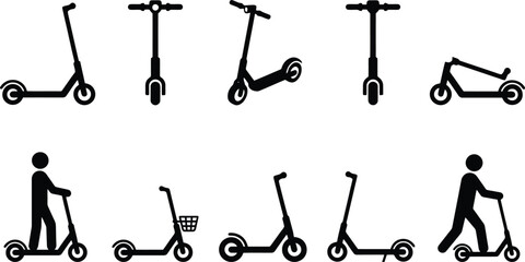 Electric scooter icon set, black silhouette kick scooter symbols, 10 vector elements of urban micro mobility and personal transport for city commuting © Insa Batool