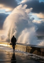 Fototapeta premium Person in a dark coat walks along a concrete pier as a large ocean wave crashes nearby during a sunset.