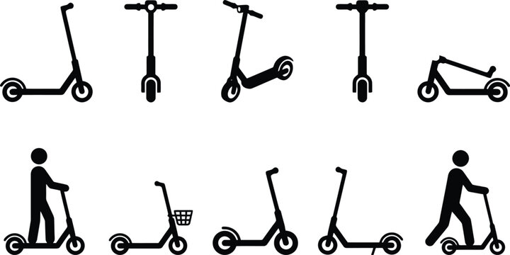 Electric scooter icon set, black silhouette kick scooter symbols, 10 vector elements of urban micro mobility and personal transport for city commuting