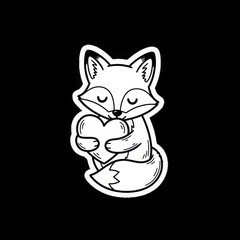 Fototapeta premium Cute black and white fox holding a heart in a cartoon outline sticker design.