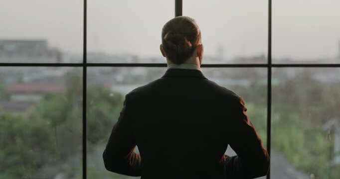 Middle Eastern business manager stands with back to camera by office window and looks at city view. Executive with hair bun watches skyline during workday pause