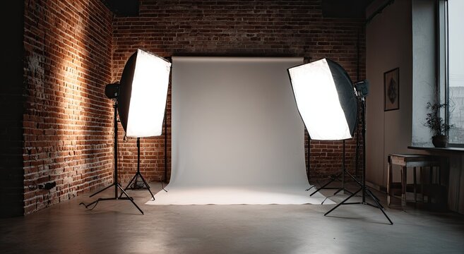 A professional photography studio is set up with two large softbox lights facing a seamless white backdrop.