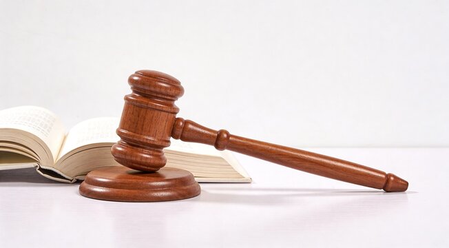 Wooden gavel and book on light table against white background