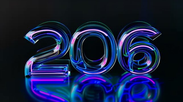3D rendered digits 206, neon-lit and transparent, reflecting on a dark, glossy surface