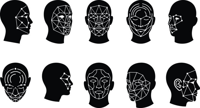Biometric facial recognition technology icons, set of 10 human head silhouettes with digital scanning mesh, artificial intelligence face ID vector