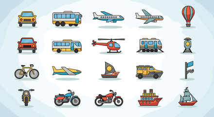 A vibrant collection of 20 flat design icons representing various modes of transportation, including cars, buses, airplanes, helicopters, boats, and bicycles. © cemoro