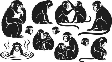Japanese Macaque Monkey Group Silhouette Vector Set Various Poses Bundle © MinhajulIslam