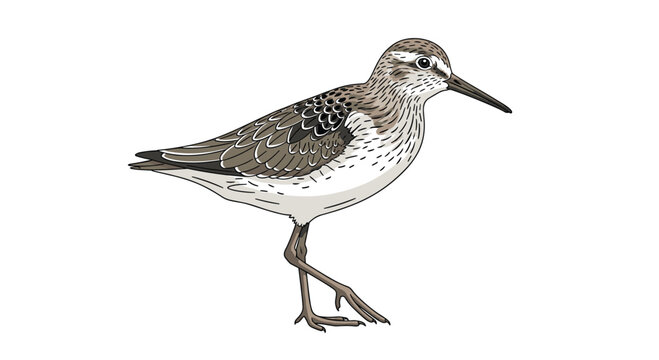 Detailed cartoon-style vector illustration of a sandpiper bird, highlighting its slender body, long legs, and distinctive plumage on a white background.