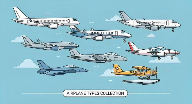 A diverse collection of various airplane types, including commercial jets, private jets, fighter jets, and seaplanes, illustrated against a clear blue sky with clouds.