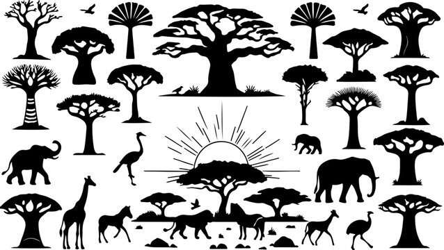 African Safari Savanna Silhouette Vector Set Elephant Giraffe Baobab Tree