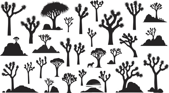 Joshua Tree Desert Silhouette Vector Set Southwest Landscape Black Illustration